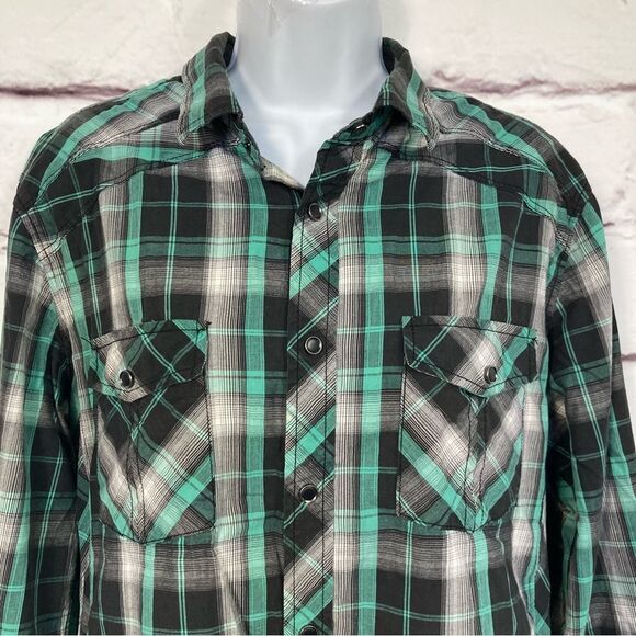 Helix Shirt SZ L Western Athletic Fit Pearl Snap Long Sleeve Green Plaid Rodeo - Picture 3 of 12